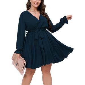 SCOMCHIC Women's Plus Size Long Sleeve Wrap V Neck Tie Waist A Line Mini Dress Lake Blue 2XL SCOMCHIC Women's Plus Size Long Sleeve Wrap V Neck Tie Waist A Line Mini Dress Lake Blue 2XL