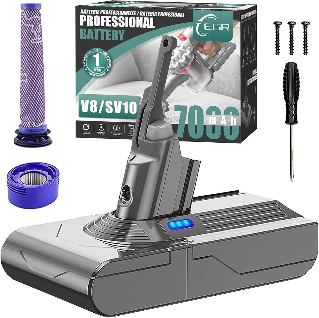 EGR Upgraded 7000mAh V8 Battery Replacement Compatible with Dyson V8 Animal Battery Replacement V8 Absolute V8 Motorhead V8 Fluffy SV10 Carbon Fiber Vacuum Cleaner 2 Filters and 3 Screws Included