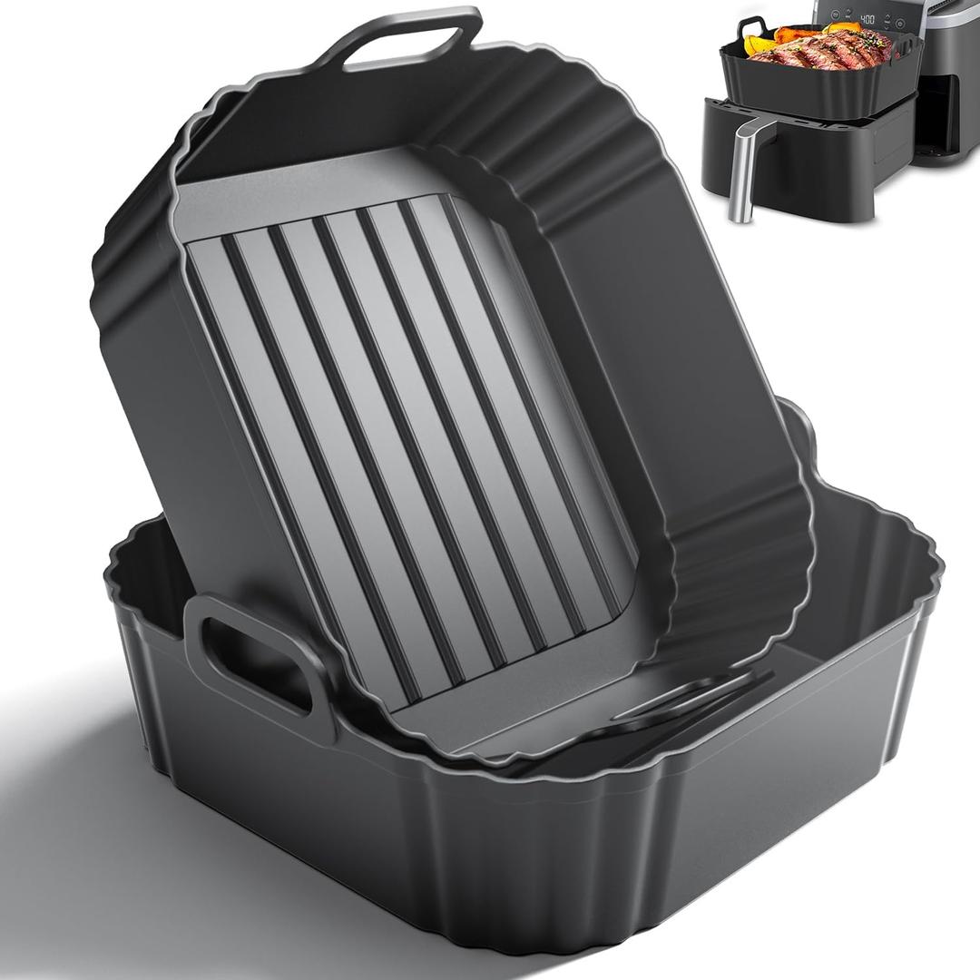 8.5 Inch Square Silicone Air Fryer Liners 2 Pack, Reusable Air Fryer Basket Liners for Ninja AF141 AF142 AF181, COSORI, Cuisinart, Chefman, Instant Air Fryer 56.5 QT (Black)