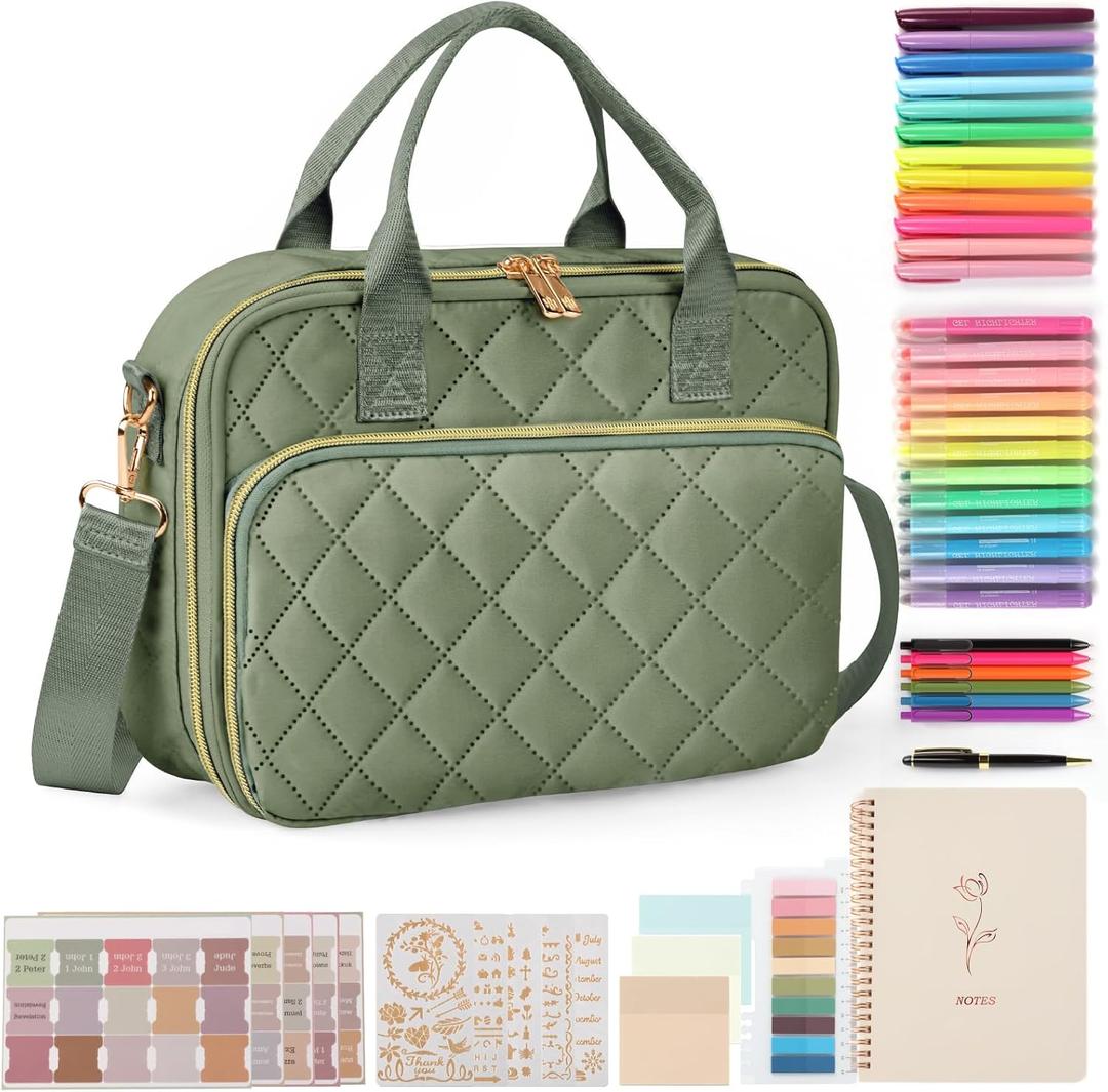 All-in-One Bible Journaling Kit  Quilted Bible Cover Case for Women, 31 Highlighters, 75 Tabs, Bible Study Supplies & Christian Gift for Women and Teens (Shoulder Strap, Olive Green)