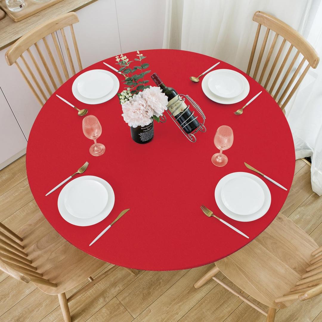NLMUVW Red Round Fitted Vinyl Tablecloth with Elastic Edge 100% Waterproof PVC Table Cover Christmas Decorative Table Cloth for Party Indoor and Outdoor, 45"- 56"