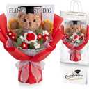 Giegxin Large Graduation Crochet Flowers Bouquet Set 2026 Grad Cap Plush Bear Hand Knitted Rose Tulip Daisy Sunflower Bouquet Greeting Card Gift Bag for Wedding Birthday Party(Red)