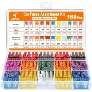 Car Fuses 168 Pcs, JOREST Assortment Kit, 114 Mini Blade Fuses Automotive + 54 Standard Auto Fuses + 1 Fuse Pullers  for Car/RV/Truck/Motorcycle/Boat (2Amp 3A 5A 7.5A 10A 15A 20A 25A 30A 35A 40A)