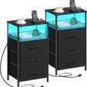 Night Stand Set 2 with Charging Station, 3 Drawer Nightstands with LED Lights, End Table with Outlets and USB Ports, Side Table with Open Shelf, Bedside Tables for Bedroom, Black