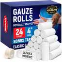 24 Gauze Rolls - 4" x 4.1yd - Soft and Breathable Rolled Gauze - Latex-Free Premium Individually Wrapped Bandages with Bonus Tape - First Aid Conforming Stretch Wrap for Wound Care - Vet Wrap