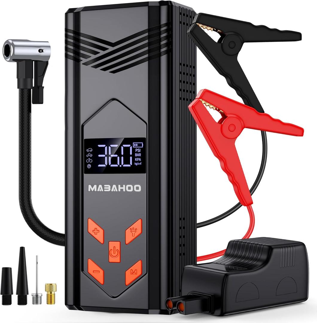 Portable Jump Starter with Air Compressor - 3000A Car Battery Jumper Starter, 150PSI Auto Off Tire Inflator, 12V Battery Booster Pack with LCD Display, Light
