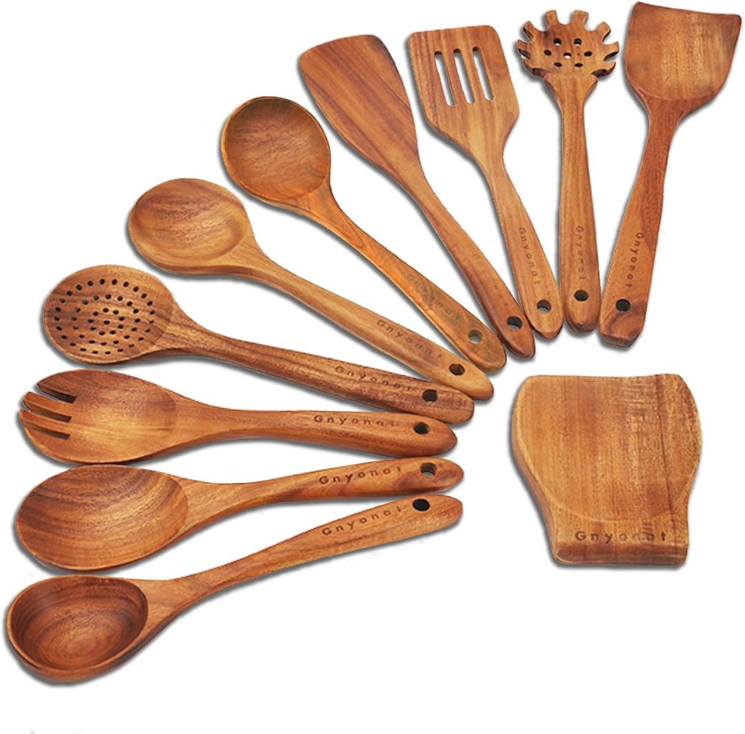 Wooden Spoons for Cooking,Wooden Utensils for Cooking 11 Pcs Wooden Kitchen Utensils Set Wooden Spatulas for Cooking Wooden Cooking Utensils with Holder, 14.37*4.13*3.54, Brown