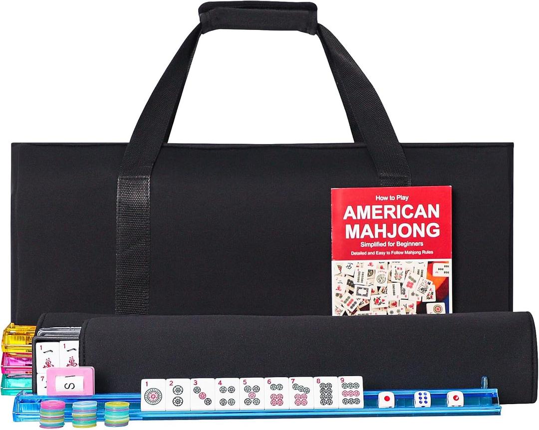 American Mahjong Game Set, 166 Premium White Tiles, 4 All-in-One Color Rack/Pushers, Classic Complete Mahjong Tile Set with Black Carrying Bag, 1.2 0.9 0.5