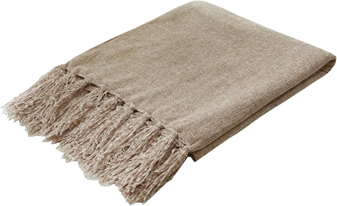 Light Taupe Chenille Throw Blanket for Couch BedSoft Cozy Throw Blanket with Handmade Fringe, Decorative Blanket for Sofa Chair Living Room for Gift (50 x 60")