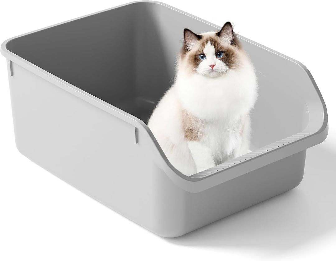 Large Cat Litter Box with High Side Cat Litter Pan Boxes for Indoor Cats Kitty Litter Box with Low Entry Open Top Entrance Anti-Splashing(Grey)