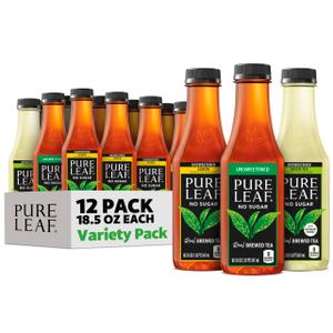Pure Leaf Iced Tea, Unsweetened 3 Flavor Variety Pack, Zero Sugar & Zero Calories, 18.5 Fl Oz Bottles (Pack of 12) (BBD: 12/01/2026)