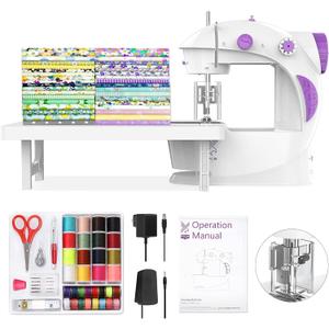Sewing Machine for Beginners [Full Set] with Finger Guard and Fabric Bundles - Mini Sewing Machine with Sewing Kits, Foot Pedal, US Adapter and Extension Table (White)