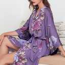 BABEYOND Women's Kimono Robe Long Satin Silky Floral Lightweight Bridesmaid Wedding Bachelorette Party Robe (Purple)