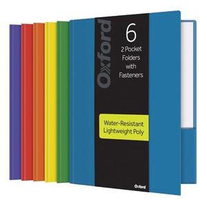 Oxford  Pocket Folders with Fasteners, Sturdy Plastic Folders, Letter Size, Asstd. Colors (Blue, Green, Yellow, Orange, Red, Purple), 6 Pack (13189)
