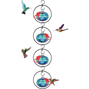 4 Pack Circular Hummingbird feeders for Outdoors Hanging,Hand Blown Glass Hummingbird Feeder with 4 Adjustable Silicone Perch,Never Leak,Gardening Gifts for Woman Man(Dotted Blue)