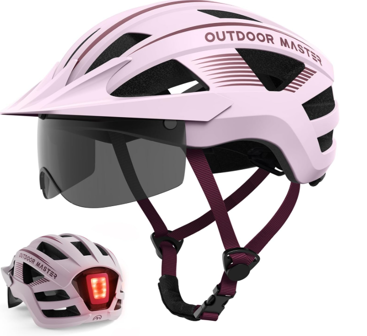 OutdoorMaster Adult Bike Helmet - Bicycle Helmet with Rechargeable Rear LED Light, Detachable Magnetic Goggles, Removable Sun Visor - Suitable for Commuting and Cycling for Men and Women (Medium, Gradient Blue Orange) L 58-61cm