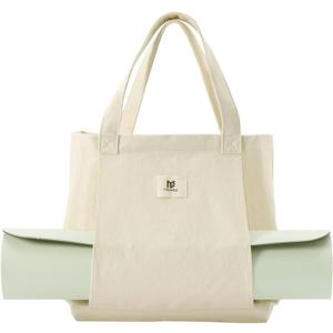 Moyaqi Canvas Tote Bag with Yoga Mat Carrier Pocket Carryall Shoulder Bag for Office, Workout, Pilates, Travel, Beach and Gym (Beige)