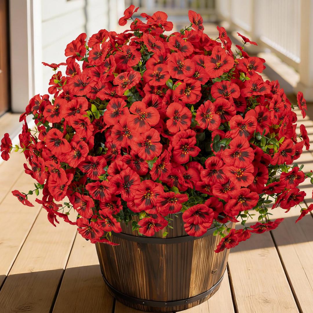 24 Pcs Artificial Fake Pansy Flowers for Outdoor,Faux Silk Plants Flowers UV Resistant Pansies Spring Flowers for Planter Front Door Porch Yard Patio Garden Window Box Home Decor(Red)