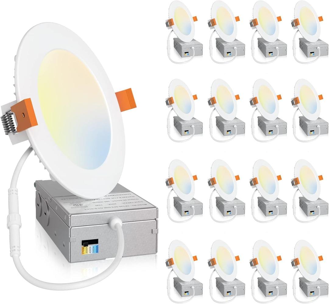 Amico 16 Pack 4 Inch 5CCT Ultra-Thin LED Recessed Ceiling Light with Junction Box, 2700K/3000K/4000K/5000K/6000K Selectable, 11W Eqv 70W, Dimmable Can-Killer Downlight, 800LM High Brightness - ETL