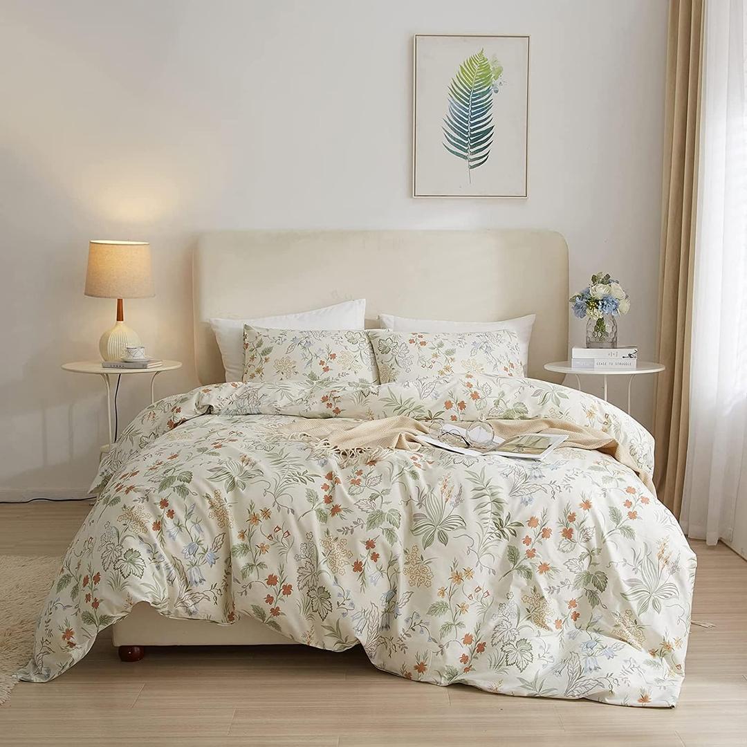 AMWAN Vintage Floral Duvet Cover Queen Garden Style Botanical Bedding Sets 100% Cotton White Floral Comforter Cover Chic Flower Leaf Botanical Duvet Cover Floral Queen Comforter Cover Set (Queen(90"x90")