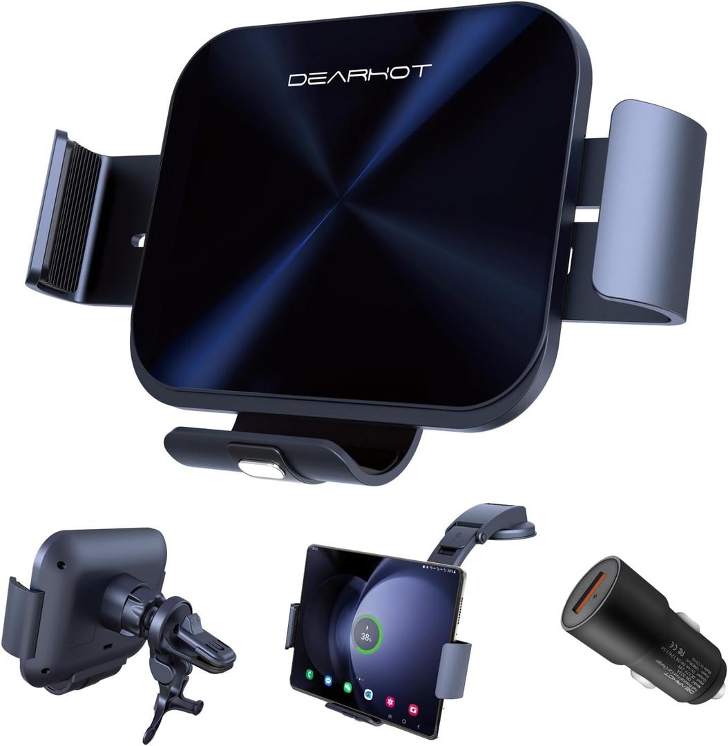 15W Dual Coil Qi Wireless Car Charger Mirror Mount Holder Compatible for Samsung Galaxy Z Fold6 Fold5 Fold4 Fold3 Z Fold2 Fold S25 Ultra iPhone 16 Pro Max Pixel 8 Auto Clamp Fast Car Charger