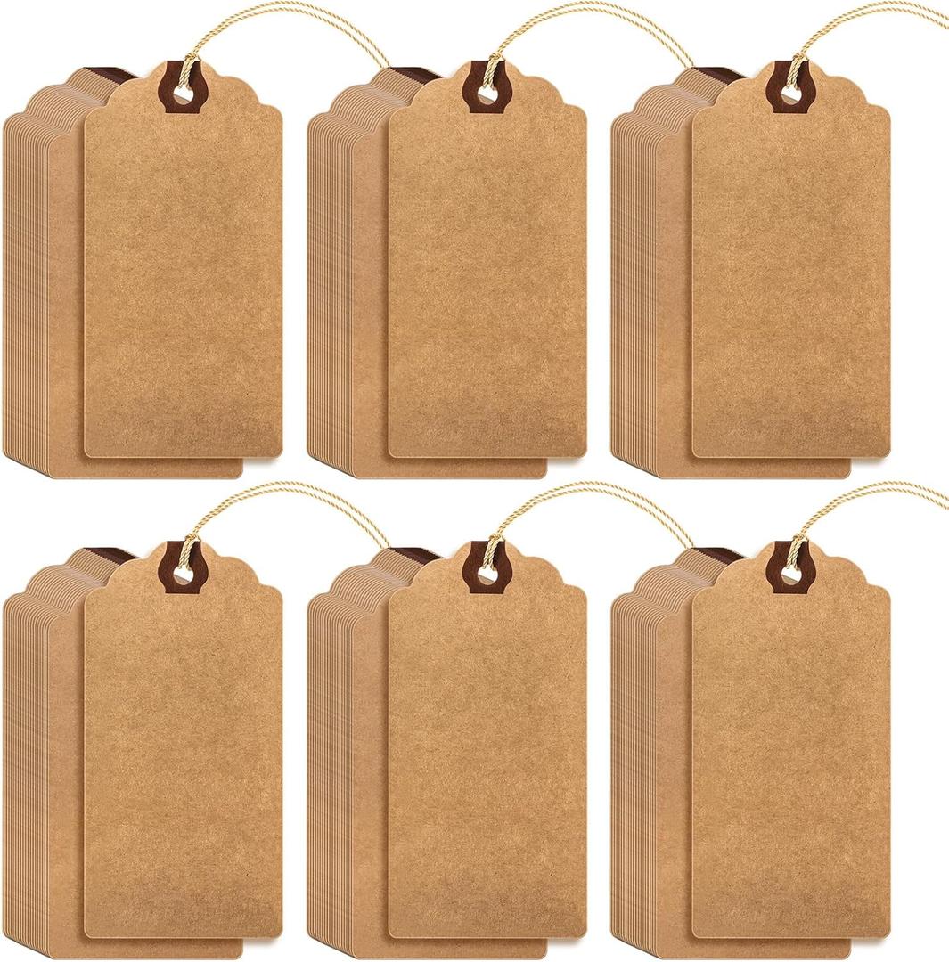 Outus 60 Pcs 4 3/4-in x 2 3/8-in Blank Large Paper Gift Tags with String and Reinforced Eyelet Wire Writable Price Tags Shipping Labels Inventory Labels(Brown)