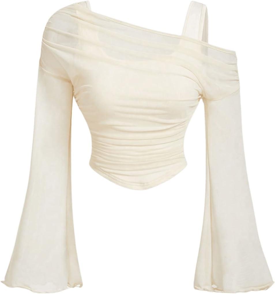 Women's Y2K Lettuce Trim Long Bell Sleeve 2 in 1 T Shirts Mesh Asymmetrical Neck Ruched Tee Shirts Crop Top (Large)