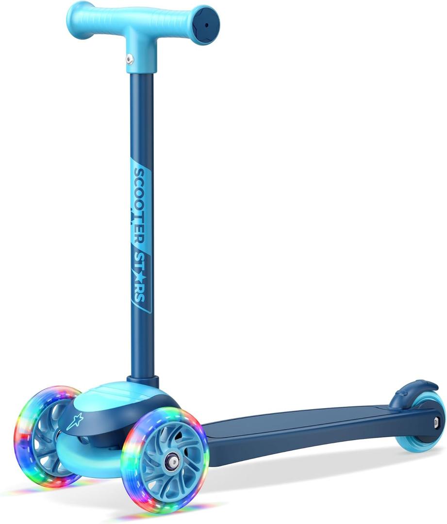 3 Wheel Scooter for Kids, Smooth Light Up LED Front Wheels, Wide Anti Slip Deck, Rear Foot Brake, Easy Lean to Steer Maneuvering, Indoor & Outdoor Ride On Toys for Ages 2 Up, Blue