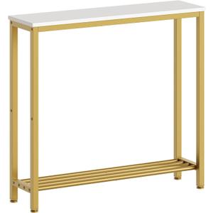 YATINEY Narrow Console Table, 2-Tier Small Sofa Table, 29.5" Thin Entryway Behind Couch Table with Shelves, Industrial Hallway Table, for Living Room, Foyer, White and Gold CT03DW, 29.5"d X 29.5"w X 7.9"h