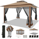 COBIZI 12x12 FT Pop up Gazebo on Clearance Canopy Tent, Carpas para Patio, Easy up Outdoor Canopy Tents with Portable Storage Bag for Backyard, Outdoor Waterproof Gazebos for Garden,Camping, Brown