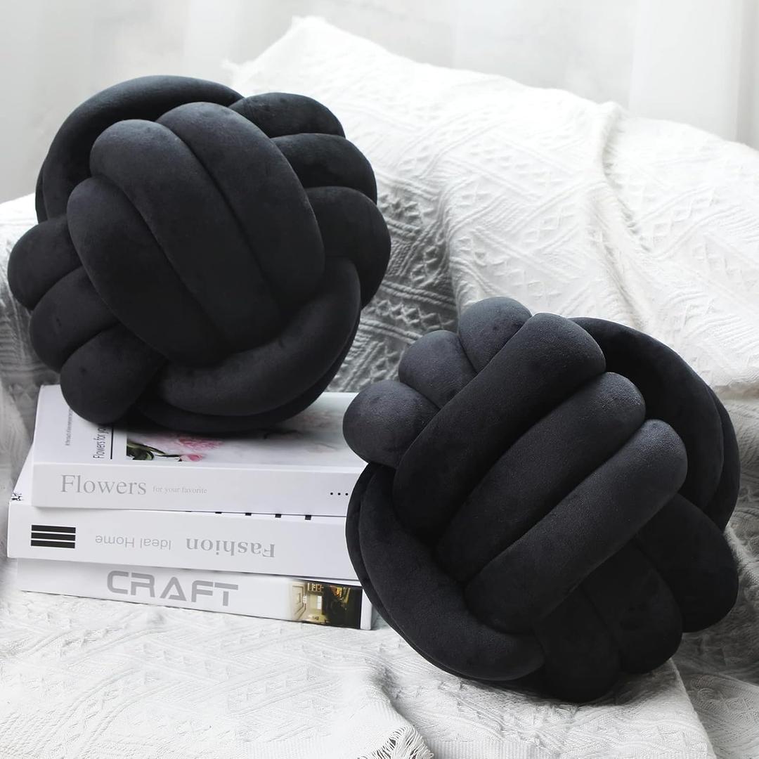 Namalu 2 Pcs Soft Knot Pillow Ball, Decorative Round Throw, Soft Knotted Plush Pillows, Handmade Stuffed Ball Pillows Cushion for Bedroom Sofa Couch Home Decor(7.87 Inches,Black)