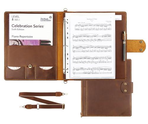 Handmade Leather Sheet Music Folder, 3-Ring Choir Binder with Clear Sheet Protectors, Premium Leather Portfolio for Music Organizer & Office Use - Brown