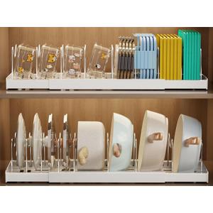 2 Pack Pots and Pans Organizer Under Cabinet, 22" Expandable Food Storage Container Lid Organizers with 9 Adjustable Dividers Pot and Pan Lid Holders Rack Inside Cabinet/Countertop(White)