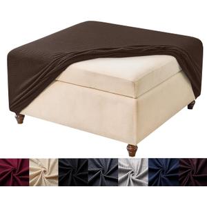 HFCNMY Stretch Square Ottoman Cover Knitted Jacquard Ottoman Cover Washable Square Ottoman Slipcover Storage Ottoman Cover Foot Stool Cover with Elastic Bottom Coffee X-Large