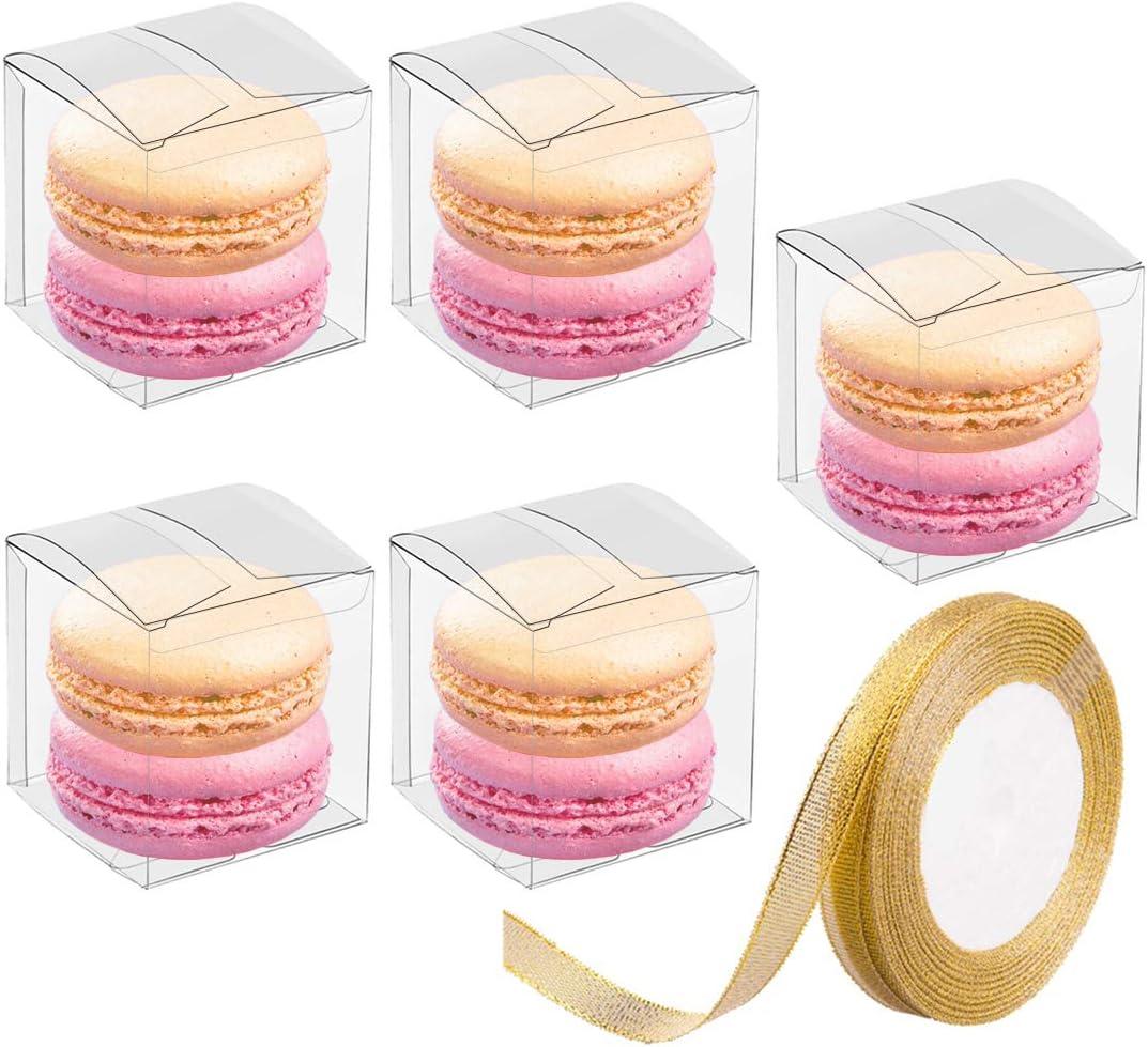 JOERSH 2x2x2 Inches Clear Boxes for Favors with Gift Ribbons, 60 PCS Mini Transparent Cube Wedding Baby Shower Birthday Party Favor Boxes, Small Gifts Display Individual Macaron Box
