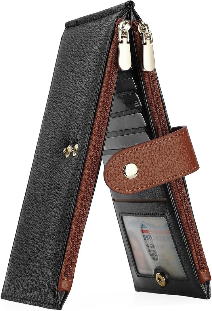 GOIACII Slim Wallets for Women RFID Blocking Card Holder 2 Zipper Pockets Thin Ladies Clutch Purse Black Brown