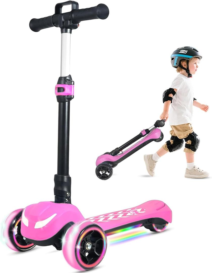 Electric Scooter for Kids Ages 3-12, Full Body Lights Up, Wide Deck, 3 Adjustable Heights, 5MPH Safe Speed, 90min Riding, Foldable 3 Wheel Electric Scooter for Kids Boys Girls Toddler (Pink + Pull Handle)