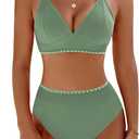 BMJL Women's Bikini Sets V Neck High Waisted Swimsuits Shell Stitched Cheeky Two Piece Bathing Suit (Medium, Green039)