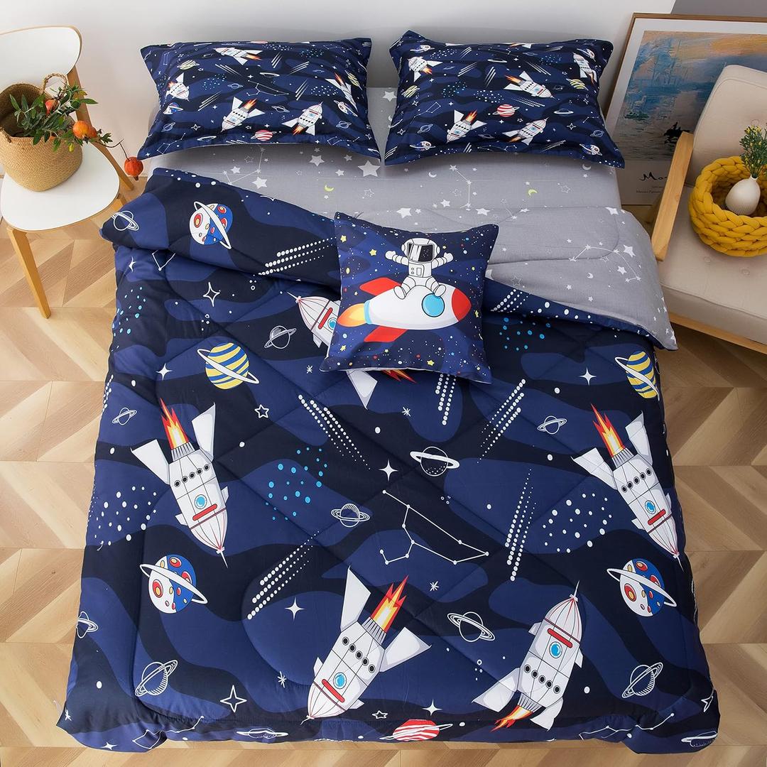 qjmiaofang Kids Space Comforter Set Twin Size 6Pieces Galaxy Rocket Bedding Sets for Boys Teens Bed in A Bag with Star Sheets Soft Microfiber 3D Planets Astronaut Printed Home Decor with Pillowcases