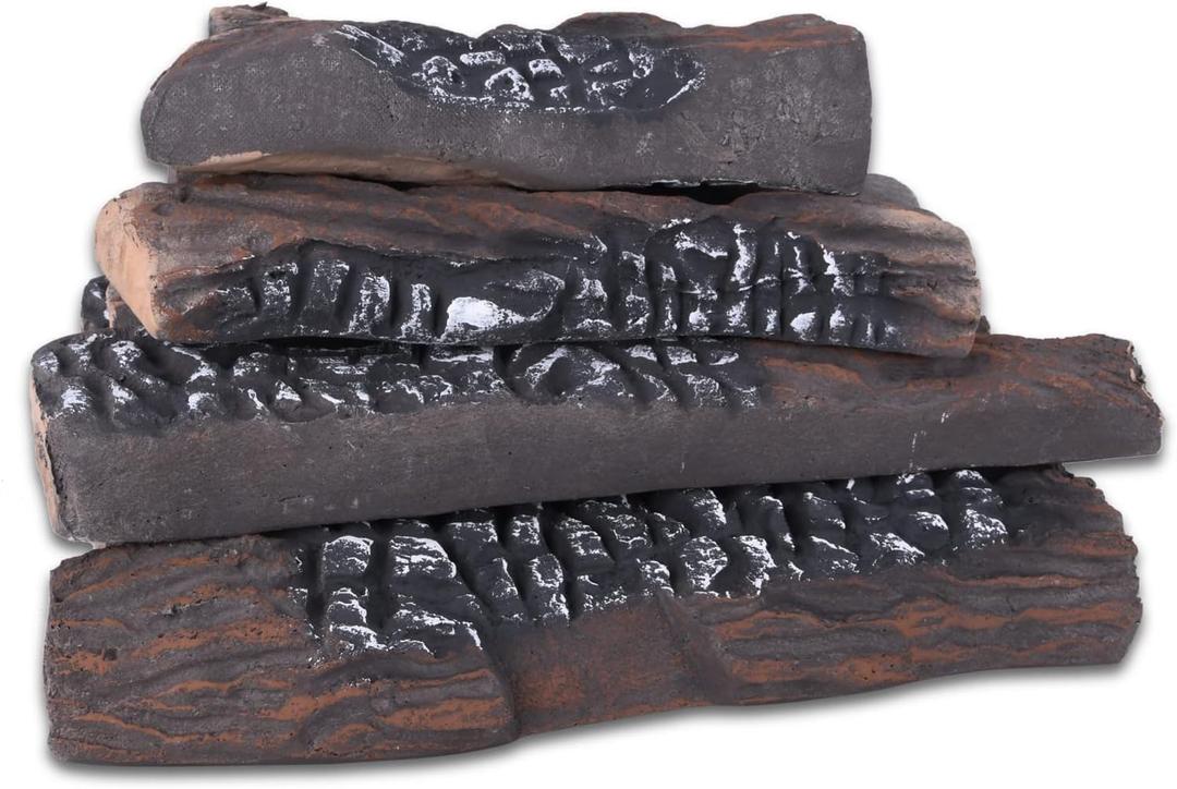 Gas Logs, 10 Piece Ceramic Log for Fireplace and Fire Pit, Heat Resistant Realistic Logs, Stackable Fake Log Set - Gas, Propane, Electric Fireplace Indoor Insert (10-15 inches)