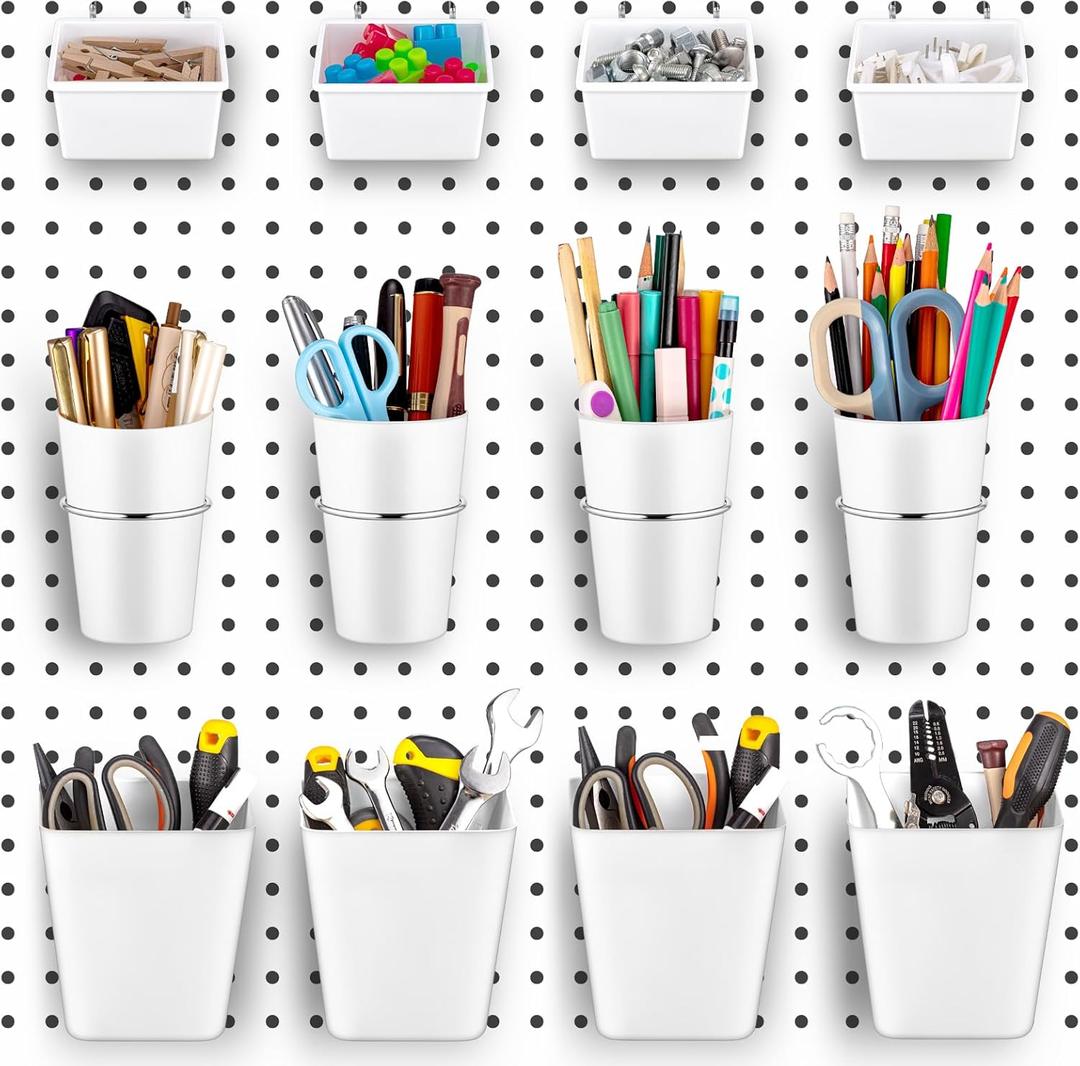 Jinei 12 Pcs Pegboard Bins and Cups with Hooks and Loops Peg Assortment Organizer Accessories Various Tool Organizer Pegboard Basket Set for Garage Workshop Workbench Office(White)