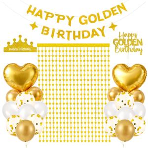 Golden Birthday Party Decorations Set with Happy Golden Birthday Banner, Star Fringe Curtain Backdrop, Balloons, Cake Topper ,Crown Banner Gold Theme Kit for Gold Birthday Party Supplies