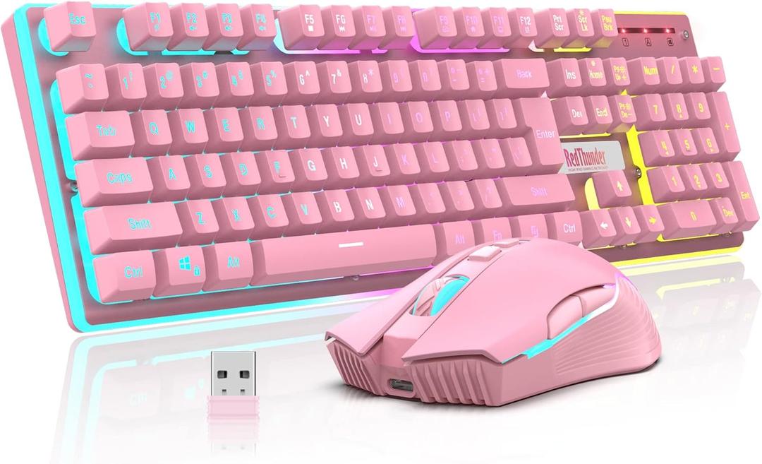 RedThunder K10 Wireless Gaming Keyboard and Mouse Combo, LED Backlit Rechargeable 3800mAh Battery, Mechanical Feel Antighosting Keyboard + 7D 3200DPI Mice for PC Gamer (Pink)