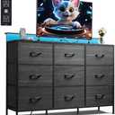 WLIVE Black TV Stand for 45, 50, 55 inch TV, Entertainment Center with LED Lights & Charging Station, TV Media Console Table with 9 Fabric Drawers and Open Shelves for Living Room, Hallway, Wood Top