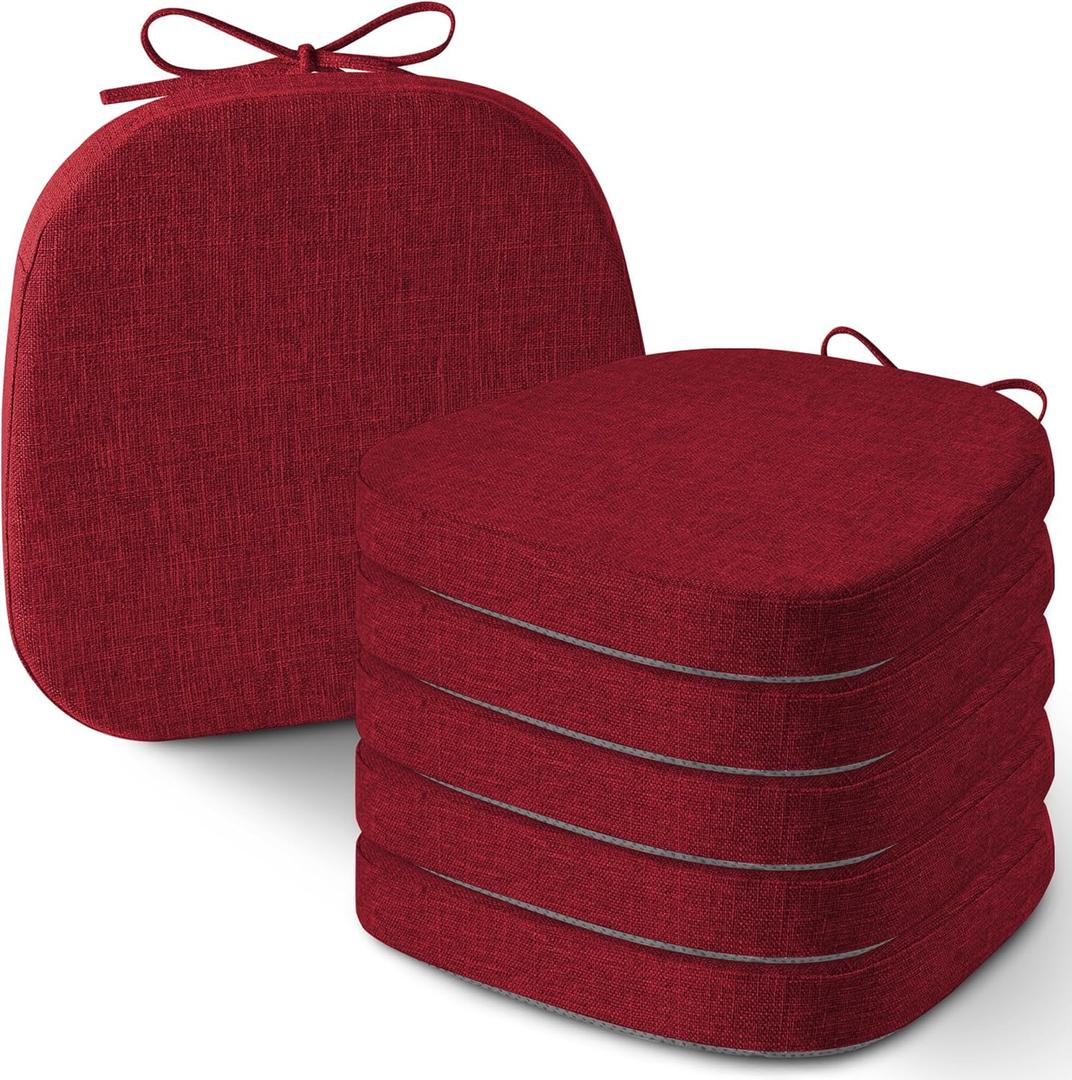 AddGrace Set of 6 Chair Cushions for Metal Dining Chairs 14x14 Chair Pads with Ties Non Slip Thick Seat Cushions with Textured and Removable Cover (6, Red)
