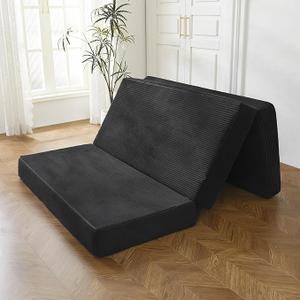 BYBYME Tri-Folding Corduroy Mattress, 6 Inch Gel Folding Mattress Topper, Foldable Soft Guest Bed Camping Pad, Washable Cover (Black, Full) 75"x36"