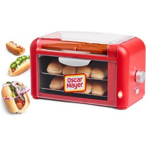 Nostalgia Oscar Mayer Extra Large 8 Hot Dog Roller & Bun Toaster Oven, Stainless Steel Grill Rollers, Non-stick Warming Racks, Perfect for Dogs, Veggie Sausages, Brats, Adjustable Timer, Red