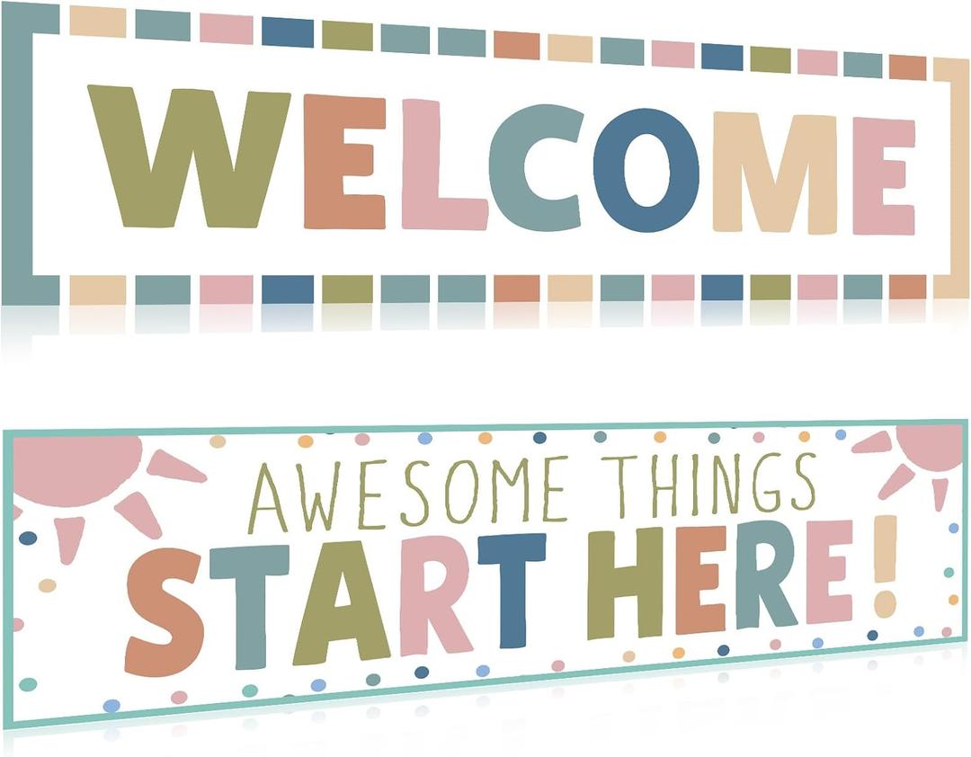 Boho Welcome Classroom Decorations Colorful Rainbow Awesome Things Start Here Bulletin Board Decor Pastel Welcome Banner Poster for Pre Elementary Middle School Wall Signs Supplies Teachers Kids, 39 x 11.8 inches