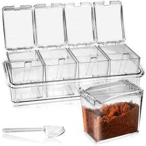 Clear Seasoning Box, 4 Pieces Seasoning Rack Spice Pots, Storage Container Condiment Jars Acrylic with Cover and Spoon for Sugar Salt Cardamon Cinnamon Tea Herbal (Basic Clear)
