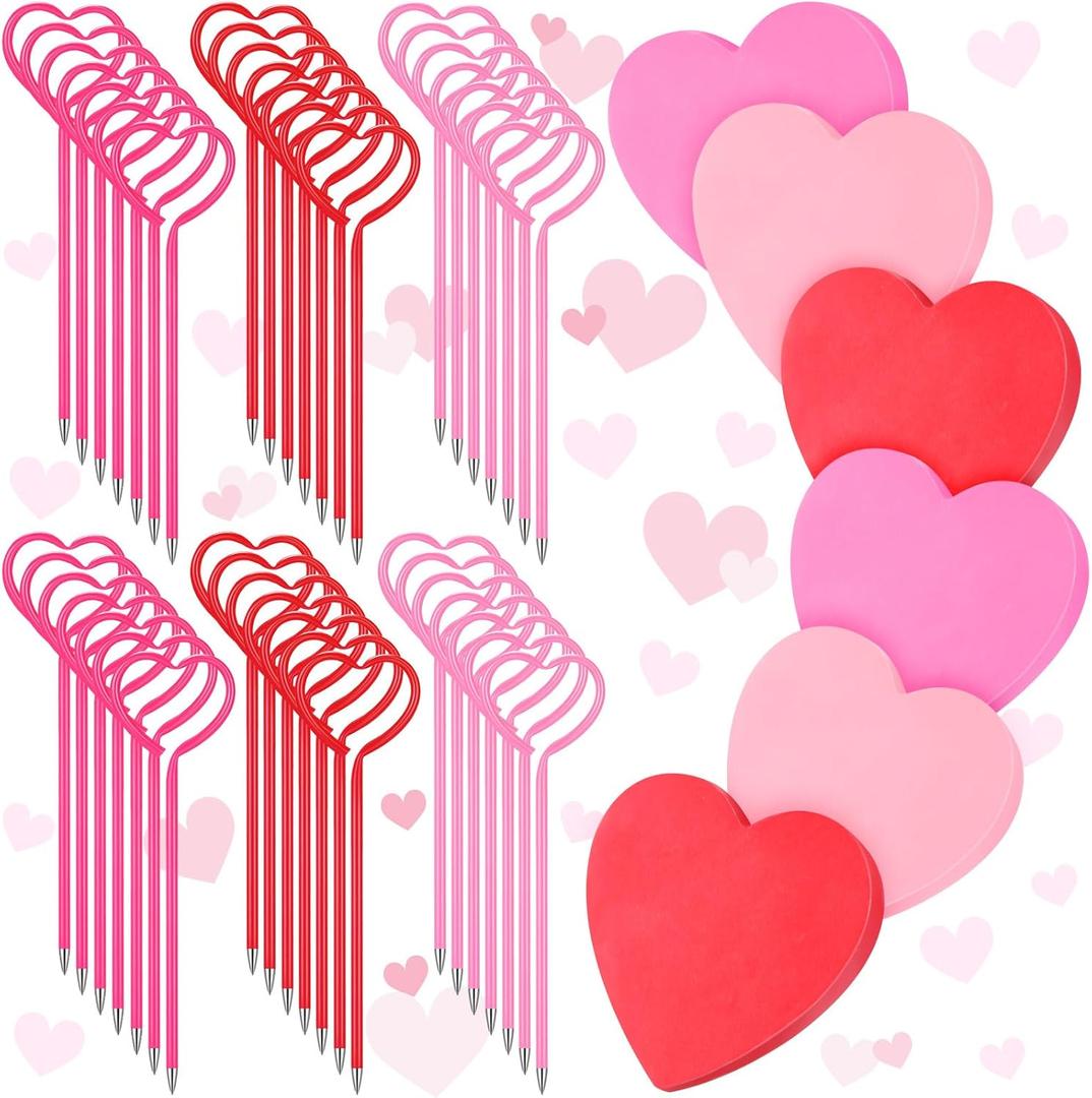 48 Pcs Valentine's Day Heart Shaped Pens Valentines Ballpoint Pens with 600 Sheets Heart Shaped Sticky Notepads Cute Note Pads Office Supplies for Valentine's Day Party Favor